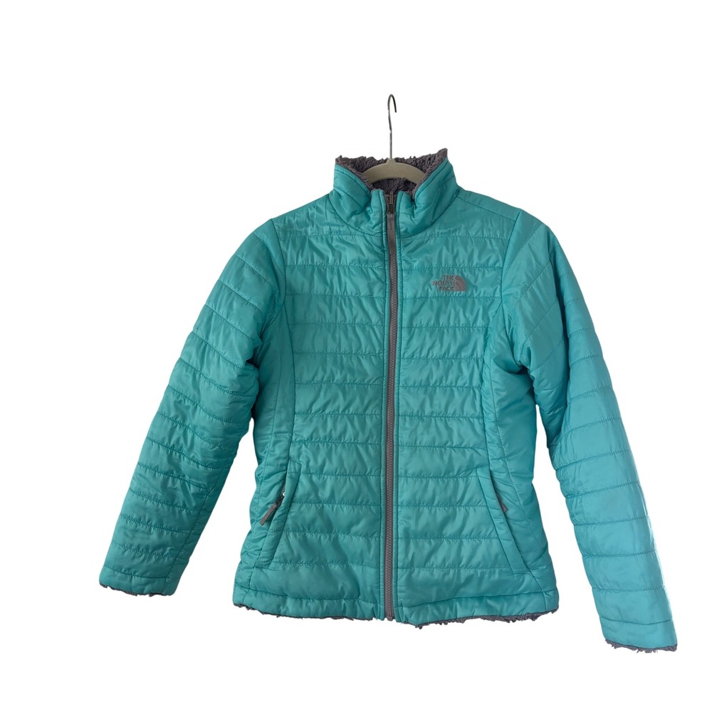 The North Face Girls Reversible Mossbud Swirl Jacket Teal Blue Grey Large 14/16